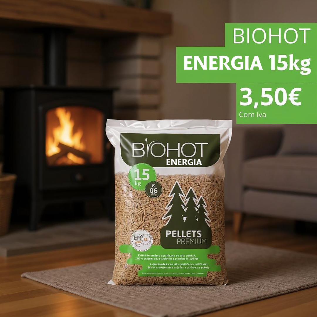 Pellets BIOHOT ENERGIA – Palete com 77 sacos de 15 kg cada.