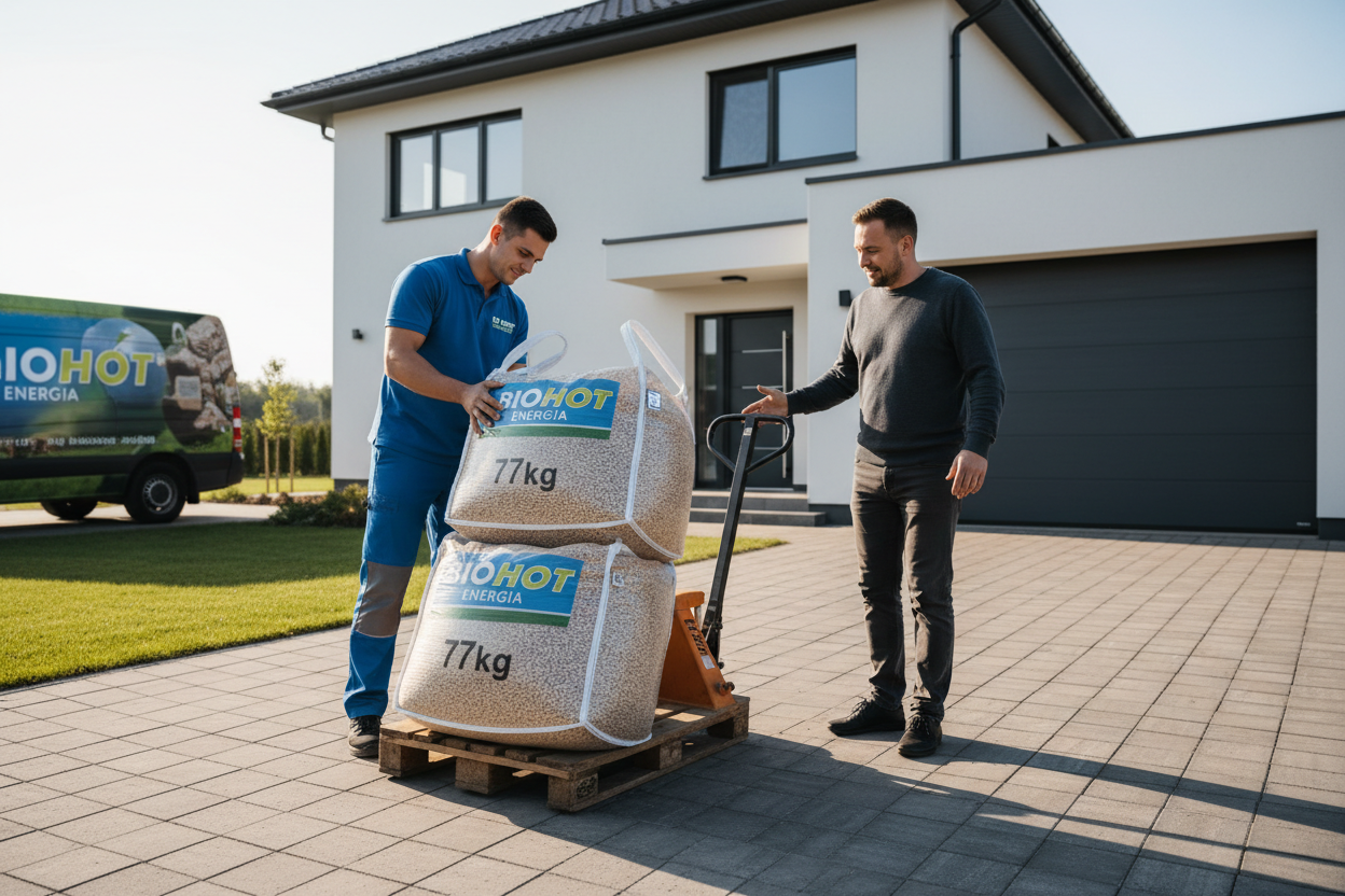 une homme qui reçois la livraison de deux sacs de granulés de 77kg avec le nom BIOHOT ENERGIA sur le sac de granulés
